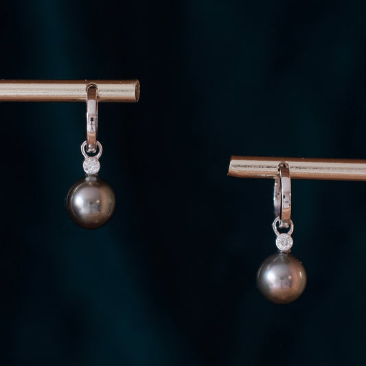 Huggie hoops with Tahiti pearl & diamond pendant